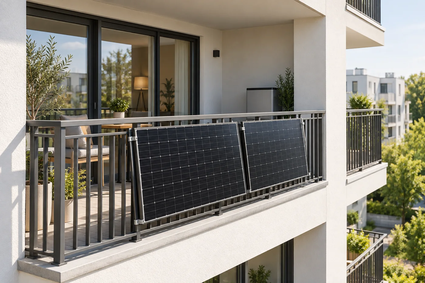 KI-Visualisierung: Solarmodule am Balkon einer Wohnung mit kleinem Stromspeicher
