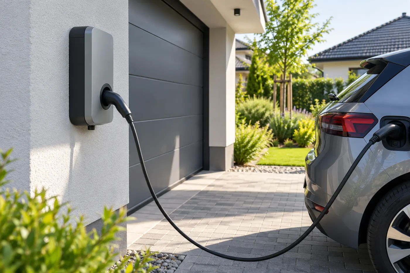 KI-Visualisierung: Ladestation für ein Elektroauto neben einer Garage