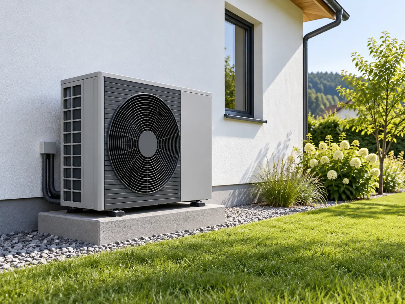 KI-Visualisierung: Außeneinheit einer Wärmepumpe neben einem Haus